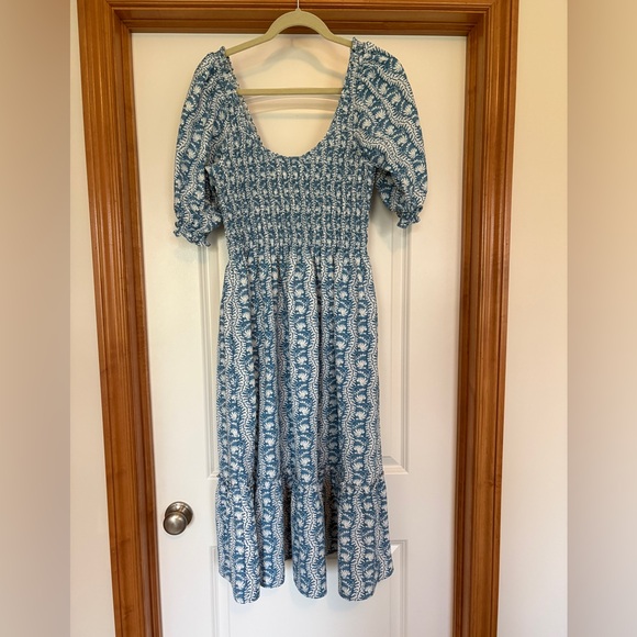Hill House Home Dresses & Skirts - Smocked Blue Floral Hill House Crepe Dress with Puff Sleeves